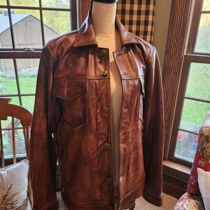 Men's Brown Leather Jacket - Classic Button-Front Coat